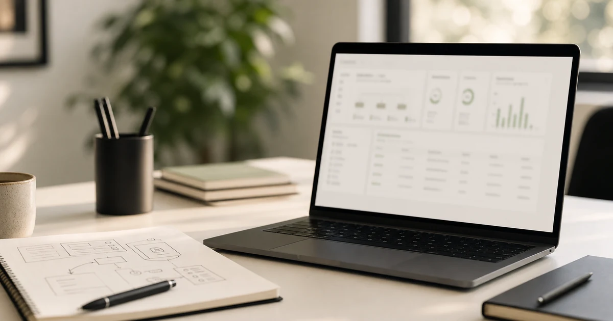 Illustration d'une application métier sur mesure avec backoffice, données connectées et tableau de bord Illustration d'une application métier sur mesure avec backoffice, données connectées et tableau de bord