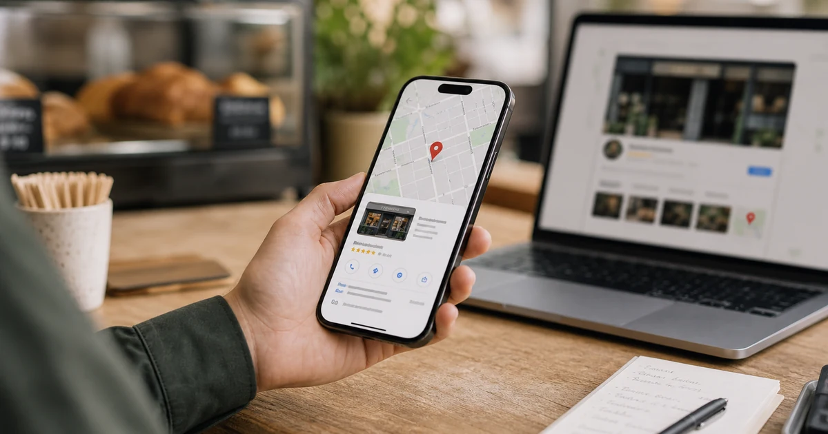 Illustration d'une présence locale sur Google Maps avec carte, points de repère et résultats locaux Illustration d'une présence locale sur Google Maps avec carte, points de repère et résultats locaux