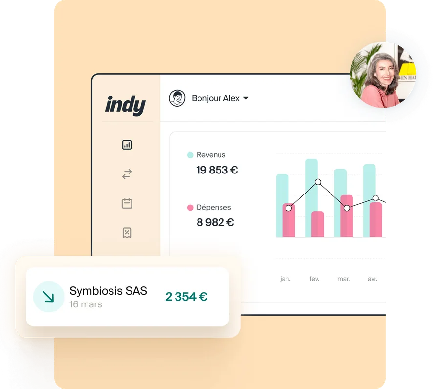 Interface Indy montrant un tableau de bord avec revenus, dépenses et transaction client