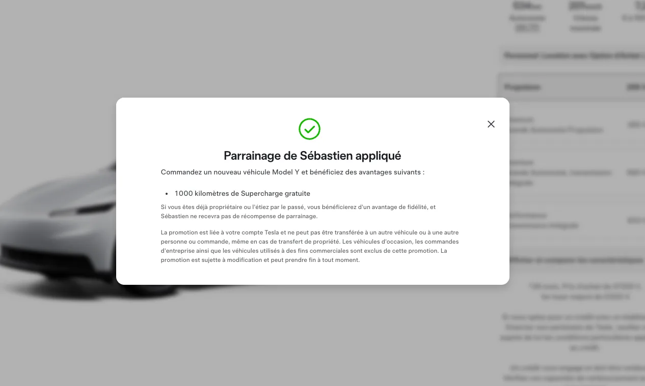 Fenêtre Tesla confirmant que le parrainage de Sébastien est appliqué avant la commande