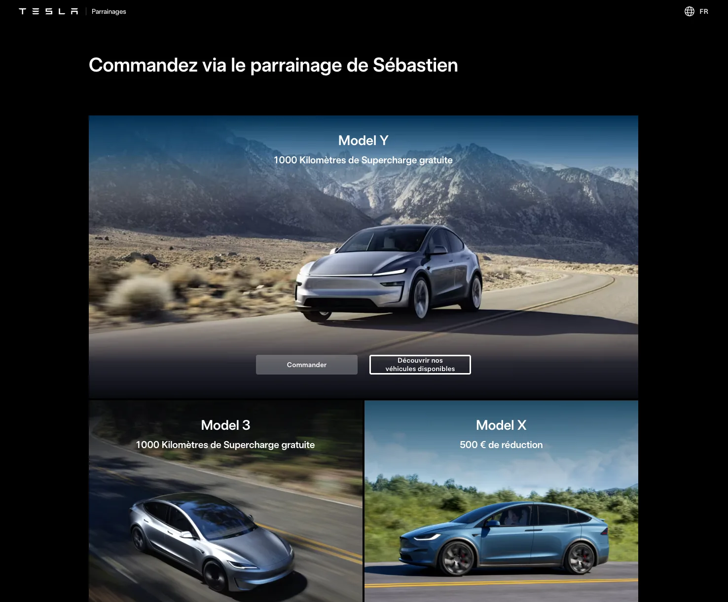 Page de parrainage Tesla affichant la commande via le parrainage de Sébastien avec 1000 kilomètres de Supercharge gratuite sur Model Y