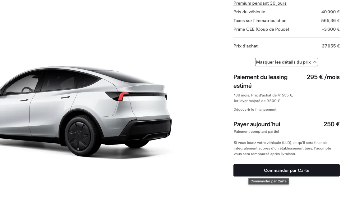 Récapitulatif de commande Tesla avec prix, paiement estimé et bouton Commander par carte avant validation