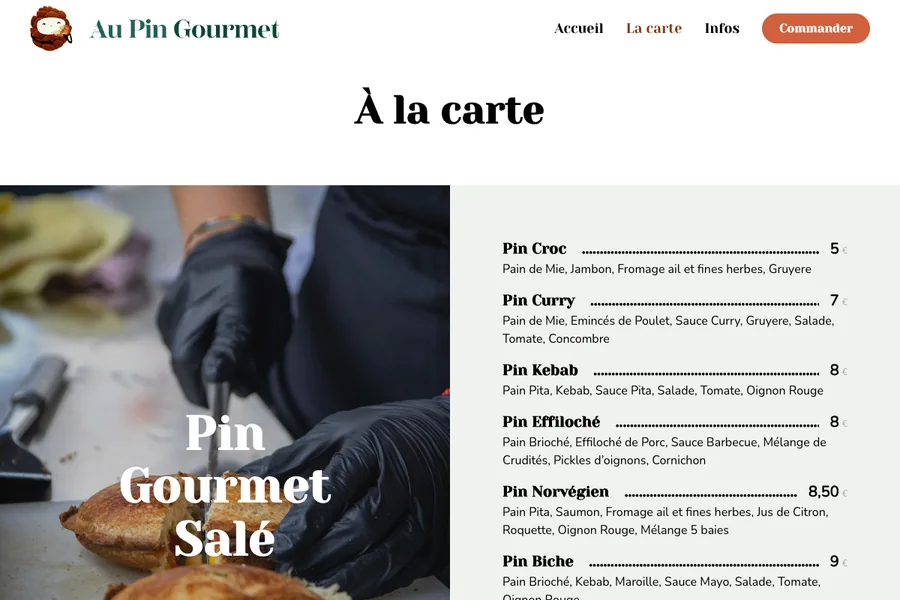 Capture de la carte Au Pin Gourmet avec visuel produit, menu en ligne et lien de commande externe