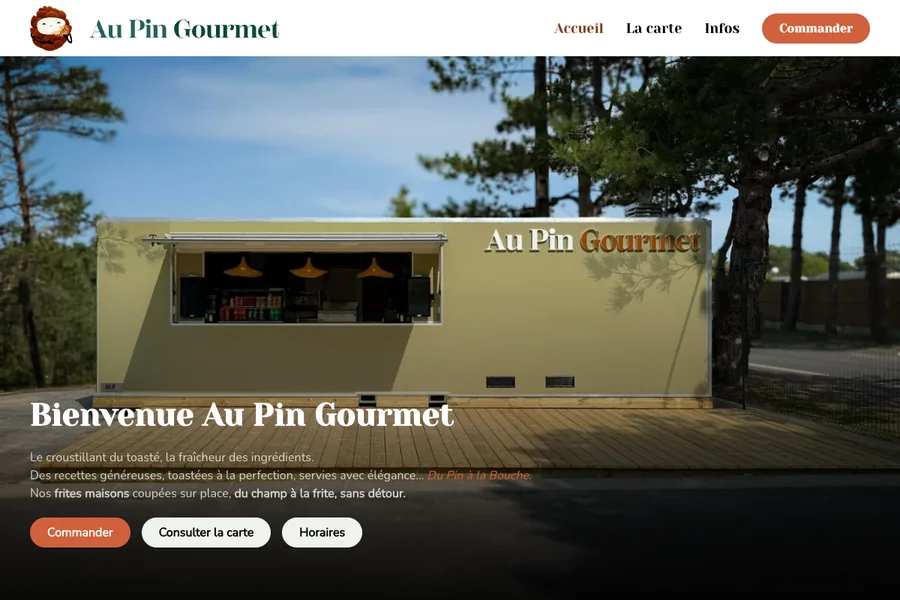 Capture du site Au Pin Gourmet, friterie du Camping Pomme de Pin avec carte, horaires, référencement local et click and collect