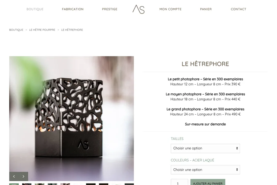 Capture de la fiche produit Le Hêtrephore sur le site Édouard Astruc avec navigation et boutique WordPress