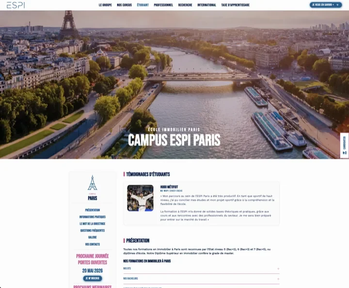 Capture du site Groupe ESPI après refonte, mise en place du tracking sur-mesure, sécurisation et optimisation SEO